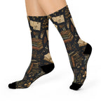 Bookish Vintage Crew Socks — Cozy Literary Floral & Stacked Books Design