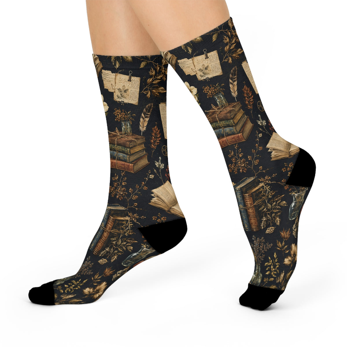 Bookish Vintage Crew Socks — Cozy Literary Floral & Stacked Books Design