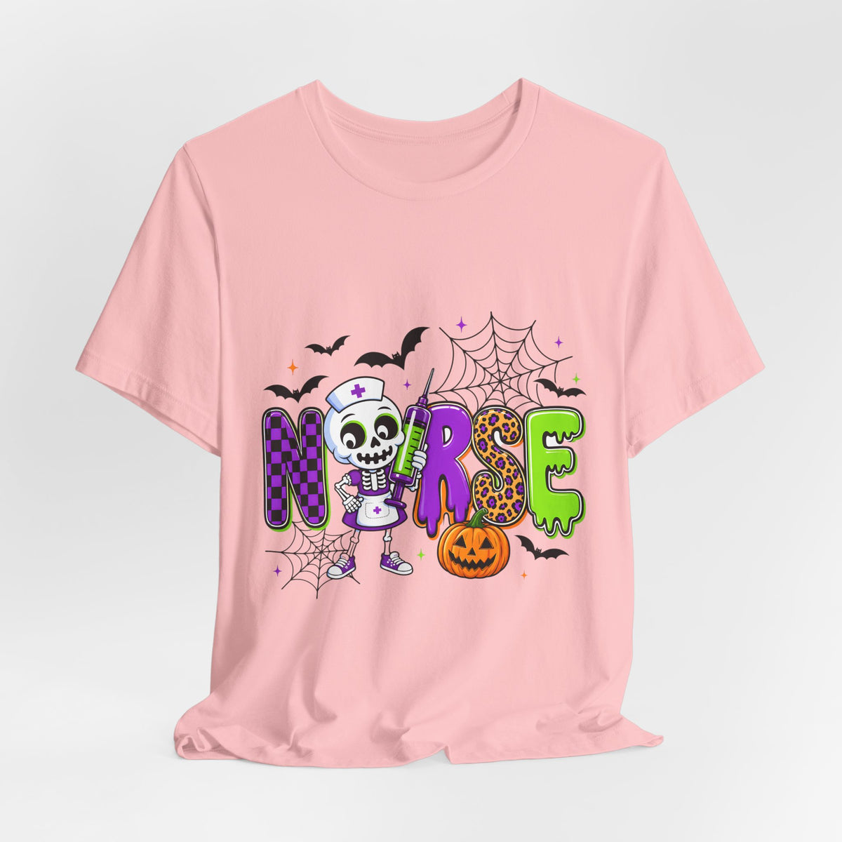 Halloween Nurse T-Shirt — Cute Skeleton, Pumpkin & Spiderweb Nurse Tee
