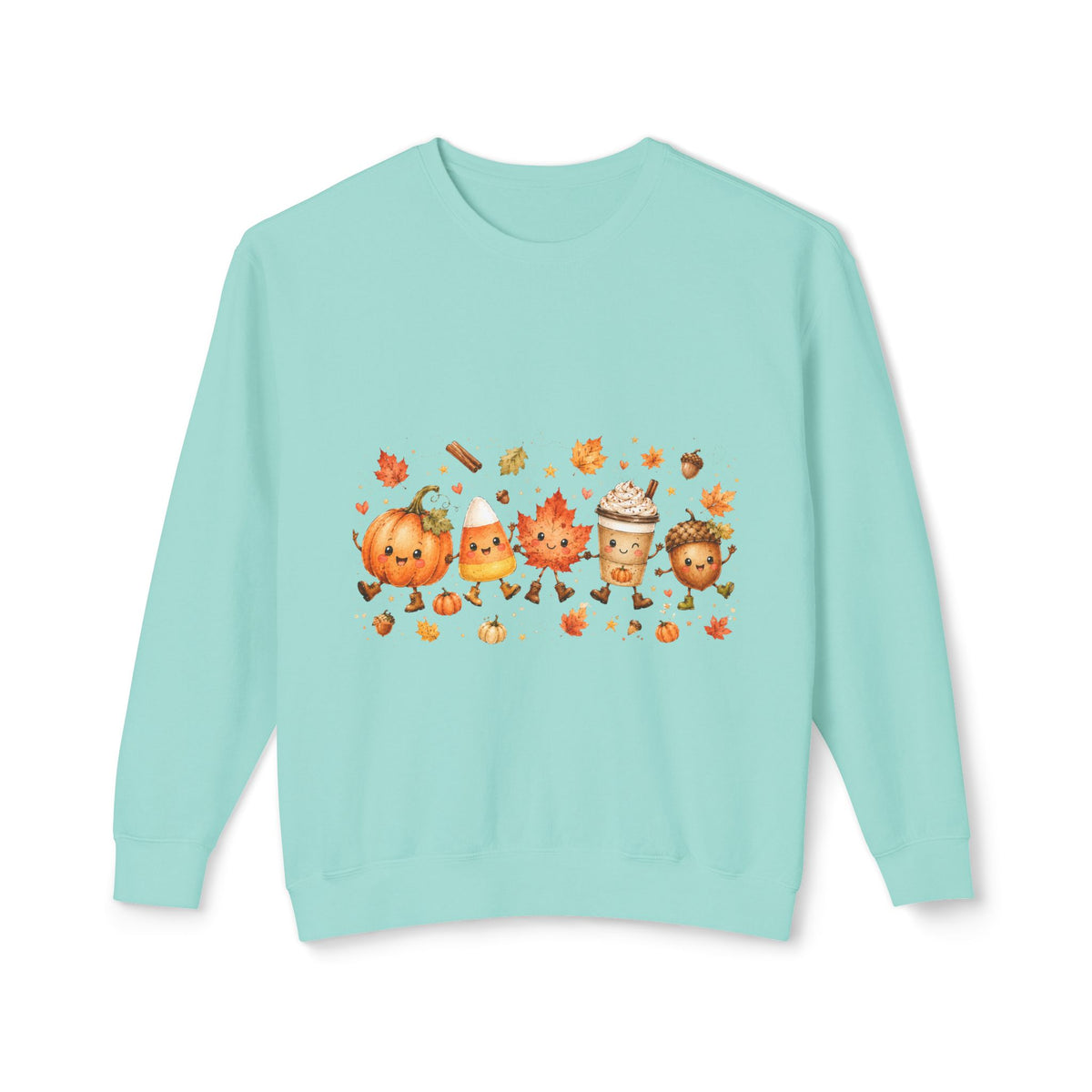 Autumn Friends Crewneck Sweatshirt — Cute Pumpkin, Leaf & Latte Fall Design