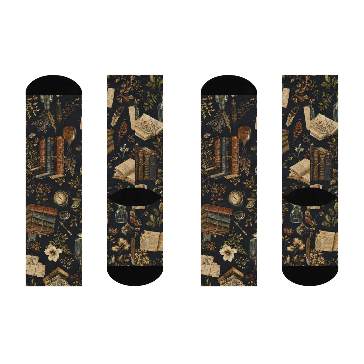 Bookish Vintage Crew Socks — Cozy Literary Floral & Stacked Books Design