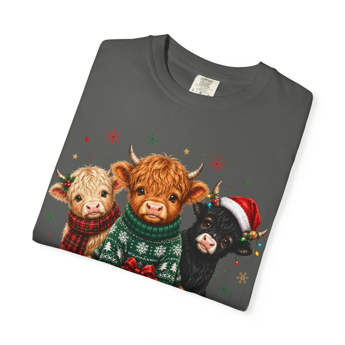 Christmas Highland Cattle Trio T-Shirt — Cute Cow Holiday Tee