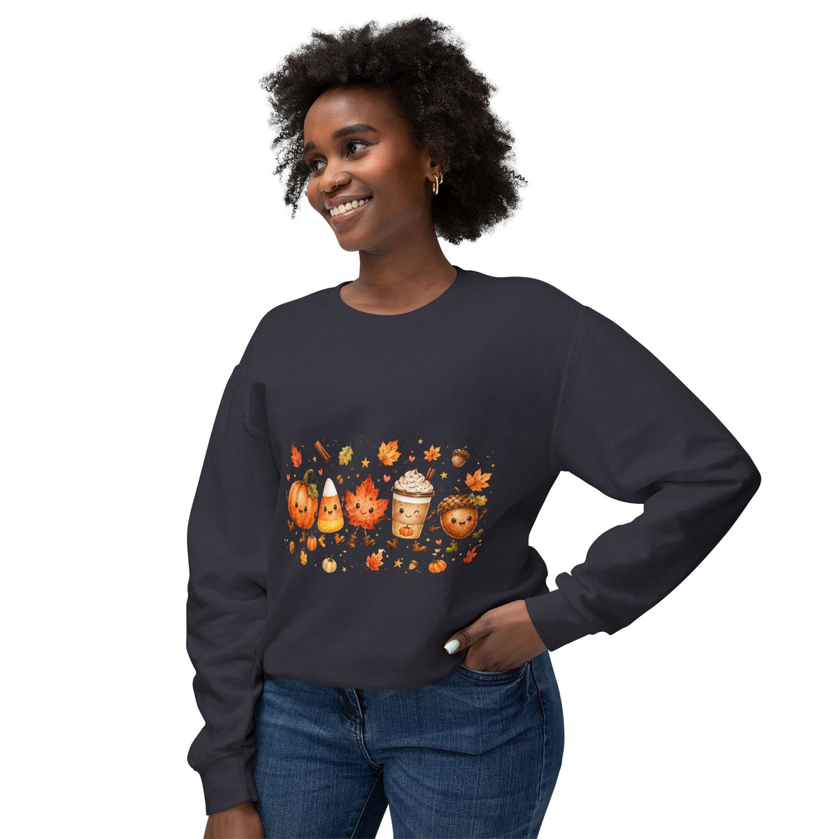 Autumn Friends Crewneck Sweatshirt — Cute Pumpkin, Leaf & Latte Fall Design