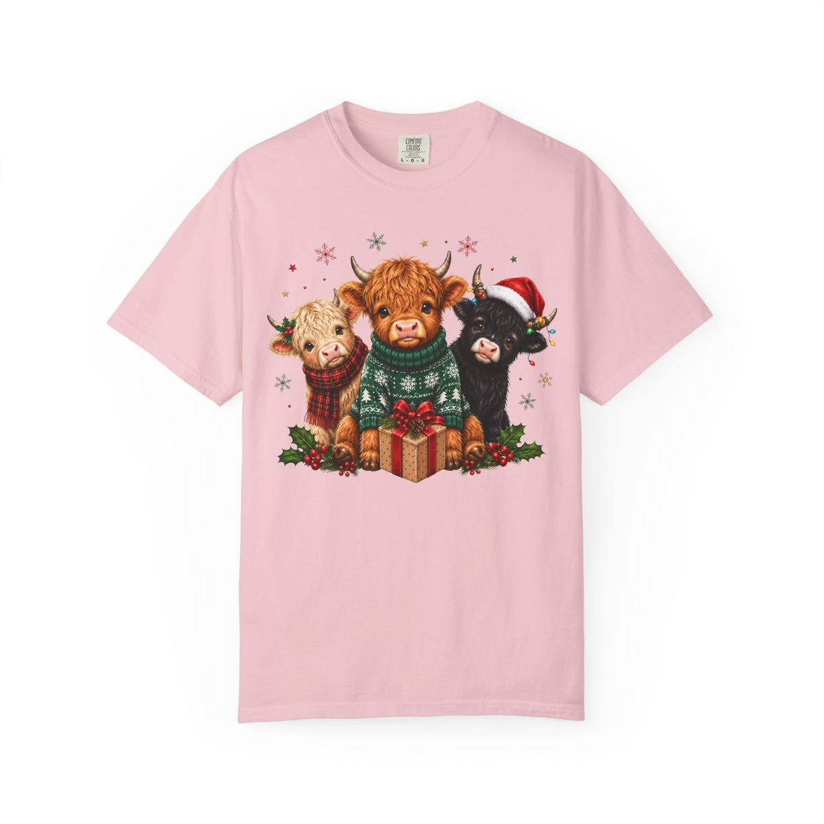 Christmas Highland Cattle Trio T-Shirt — Cute Cow Holiday Tee