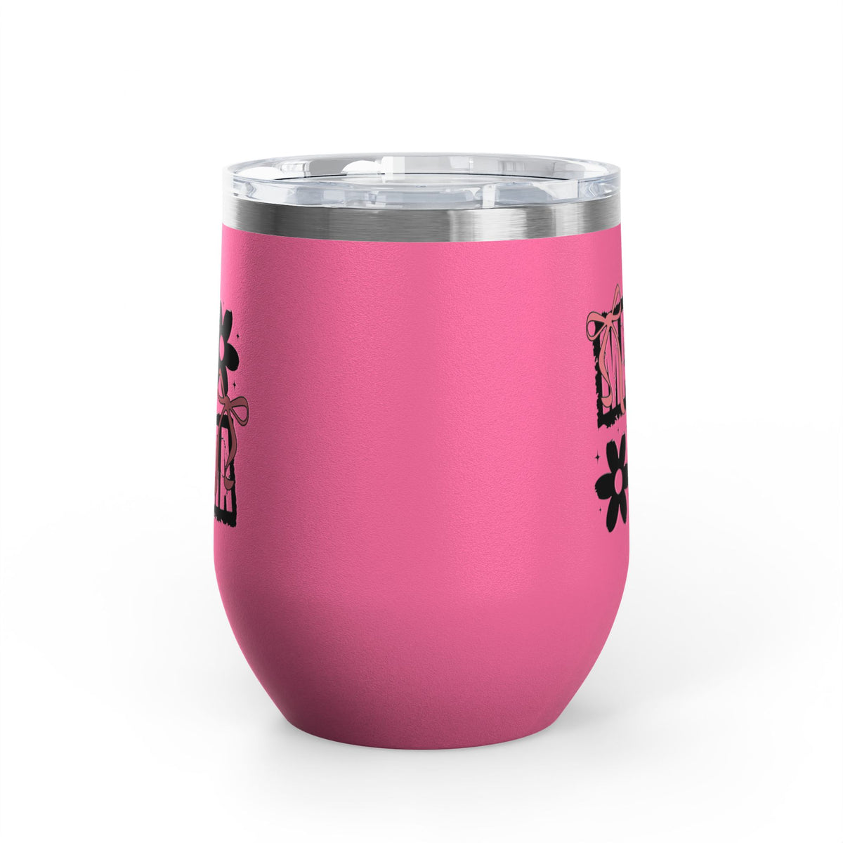 Wine Tumbler — Mom Floral Blocks with Pink Bows, 12 oz Insulated