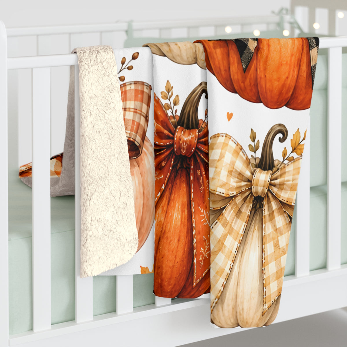 Autumn Pumpkin Sherpa Blanket — Cozy Fall Throw with Plaid & Bow Pumpkins