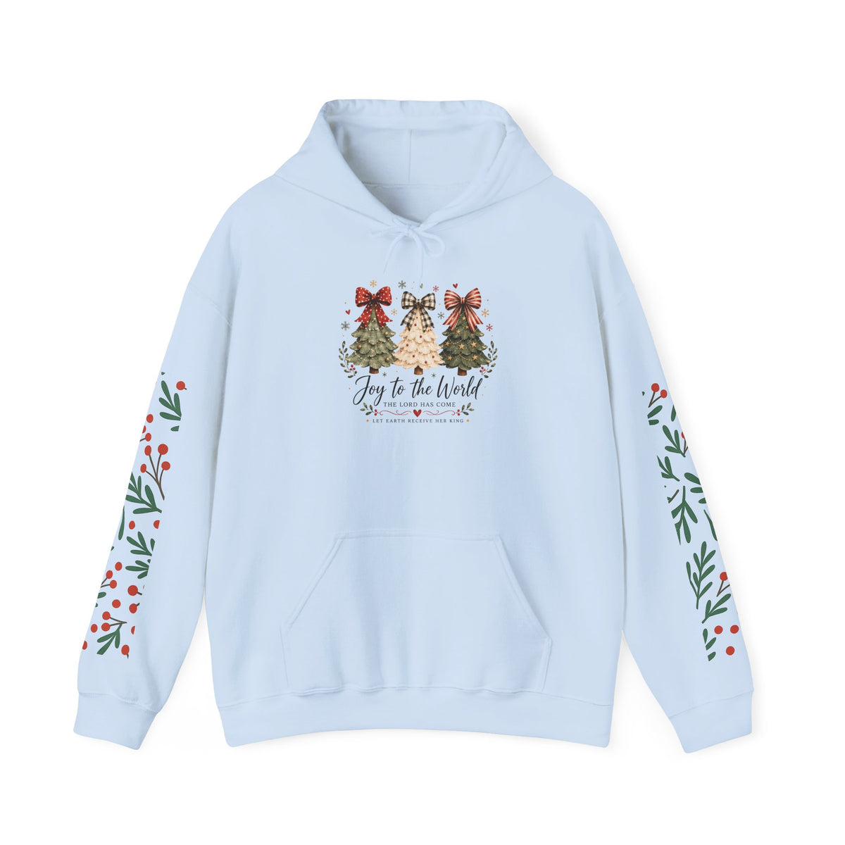 Christmas Tree Hoodie – "Joy to the World" Holiday Pullover with Festive Sleeve Berries