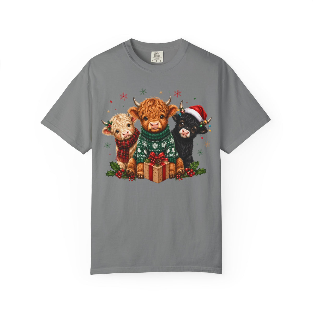 Christmas Highland Cattle Trio T-Shirt — Cute Cow Holiday Tee