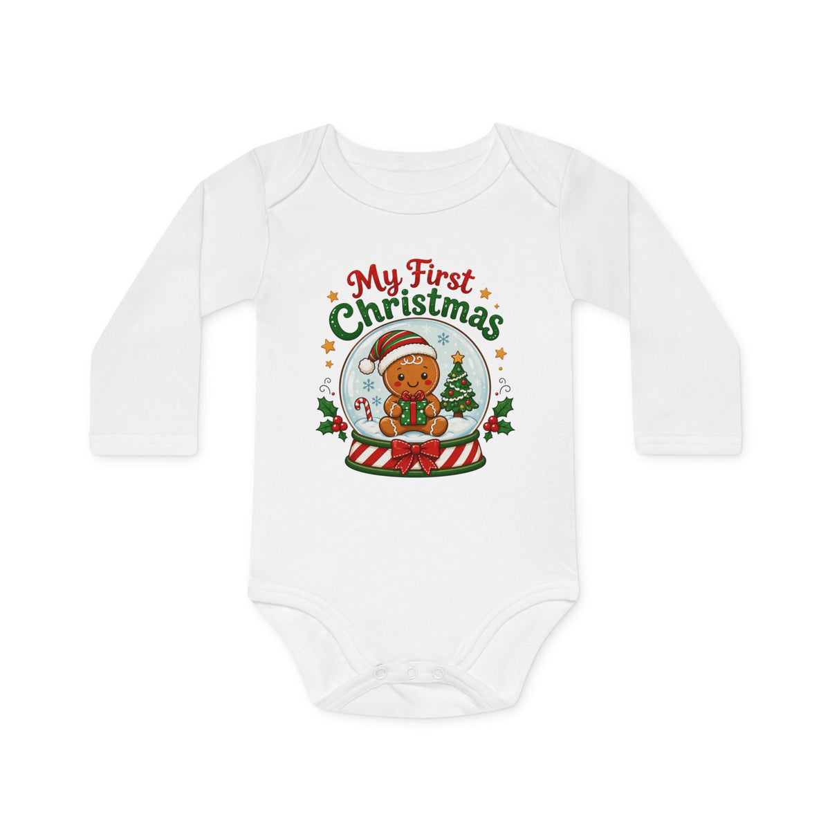 My First Christmas Baby Bodysuit — Gingerbread Snow Globe Long-Sleeve Organic Onesie