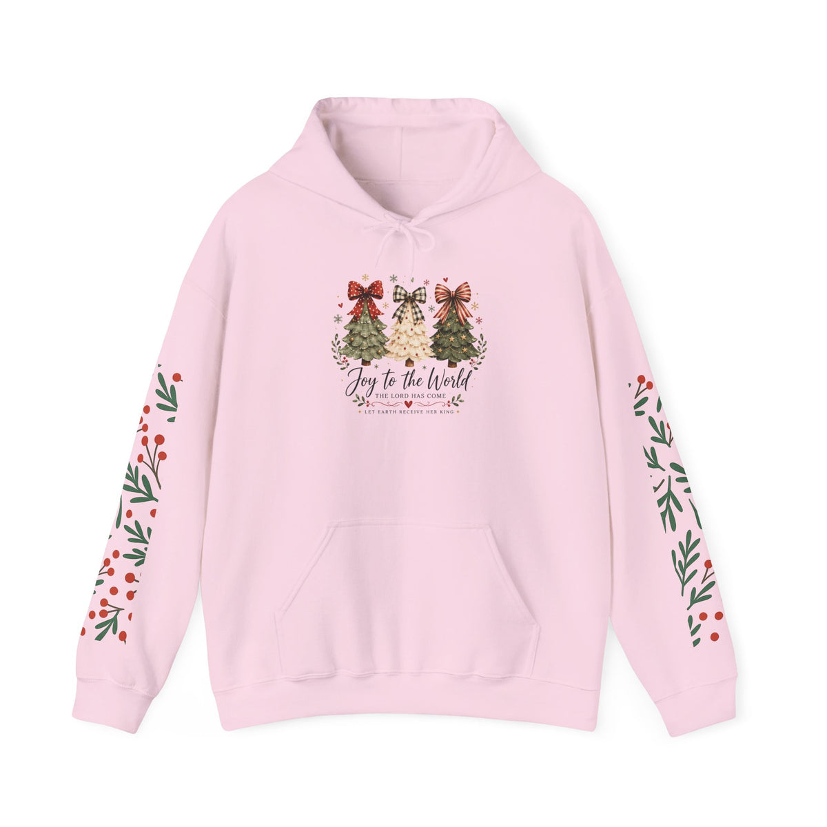 Christmas Tree Hoodie – "Joy to the World" Holiday Pullover with Festive Sleeve Berries