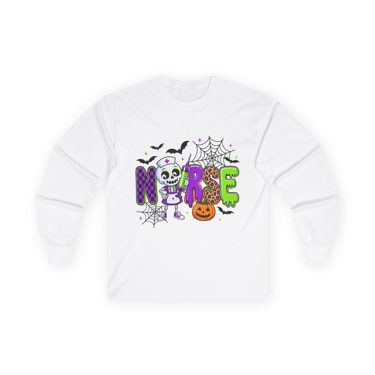 Nurse Halloween Long Sleeve Tee — Cute Spooky Skeleton, Pumpkin & Spiderweb Graphic