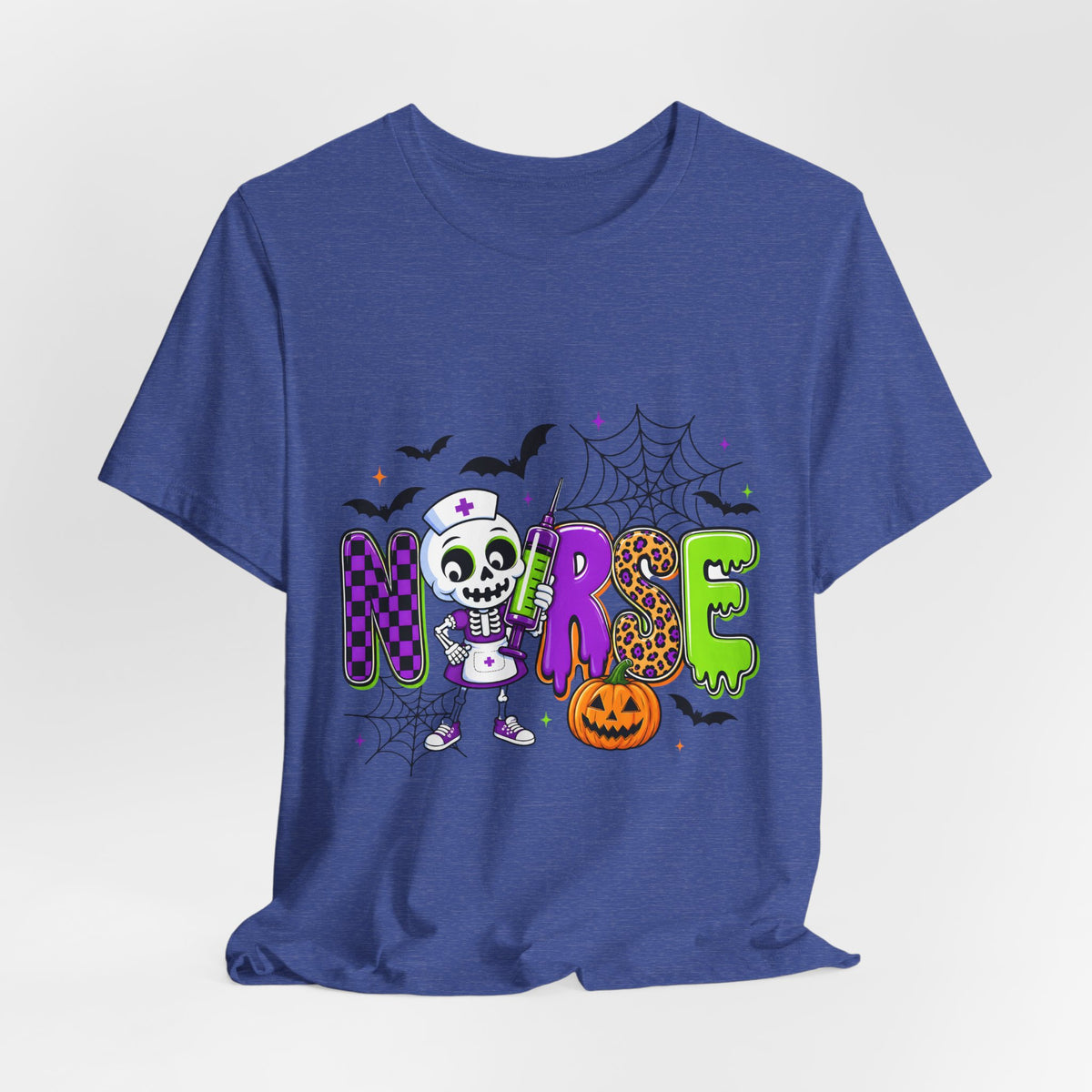 Halloween Nurse T-Shirt — Cute Skeleton, Pumpkin & Spiderweb Nurse Tee