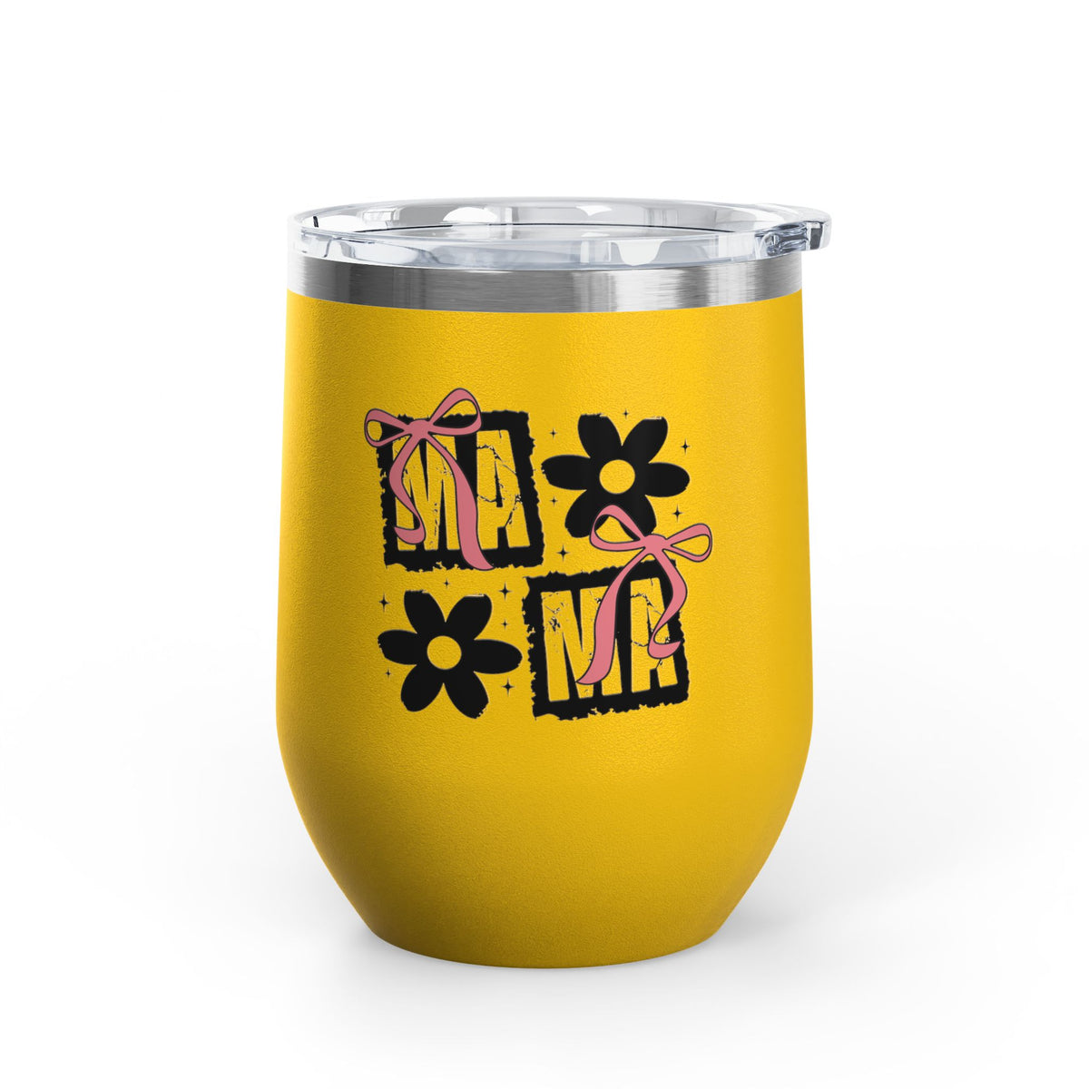 Wine Tumbler — Mom Floral Blocks with Pink Bows, 12 oz Insulated