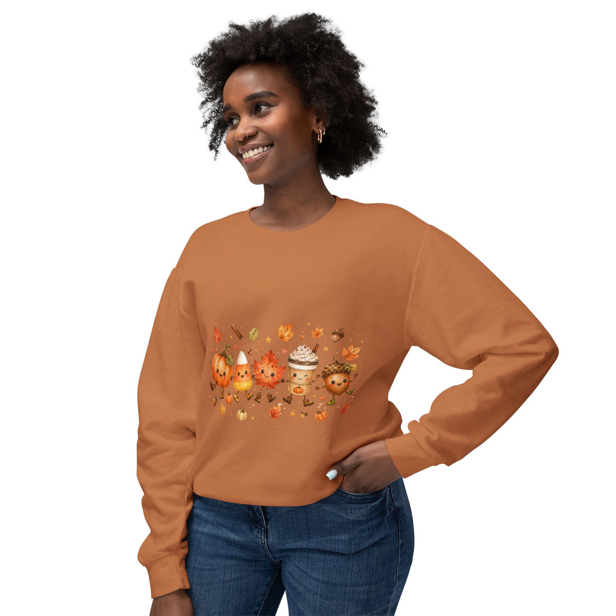 Autumn Friends Crewneck Sweatshirt — Cute Pumpkin, Leaf & Latte Fall Design