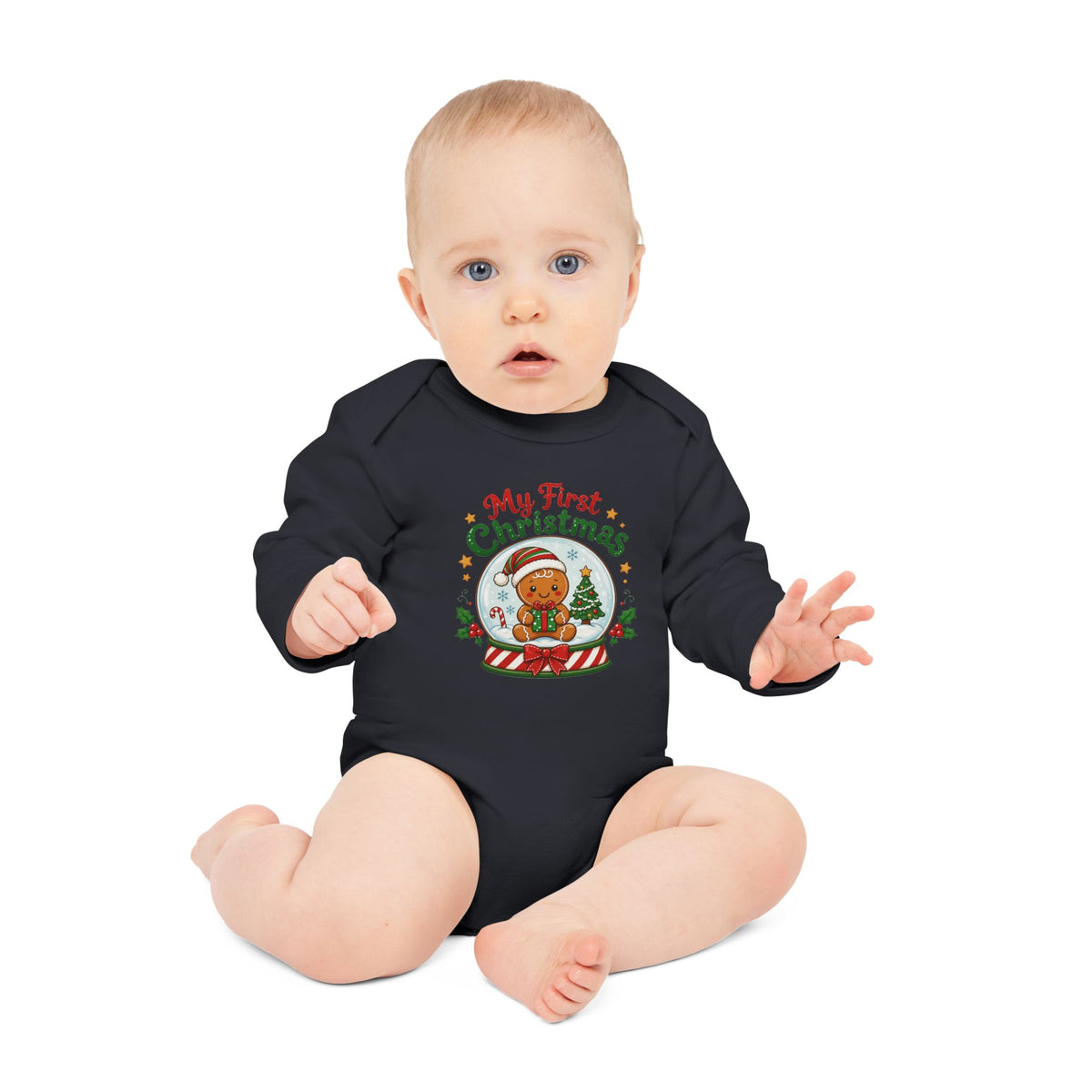 My First Christmas Baby Bodysuit — Gingerbread Snow Globe Long-Sleeve Organic Onesie