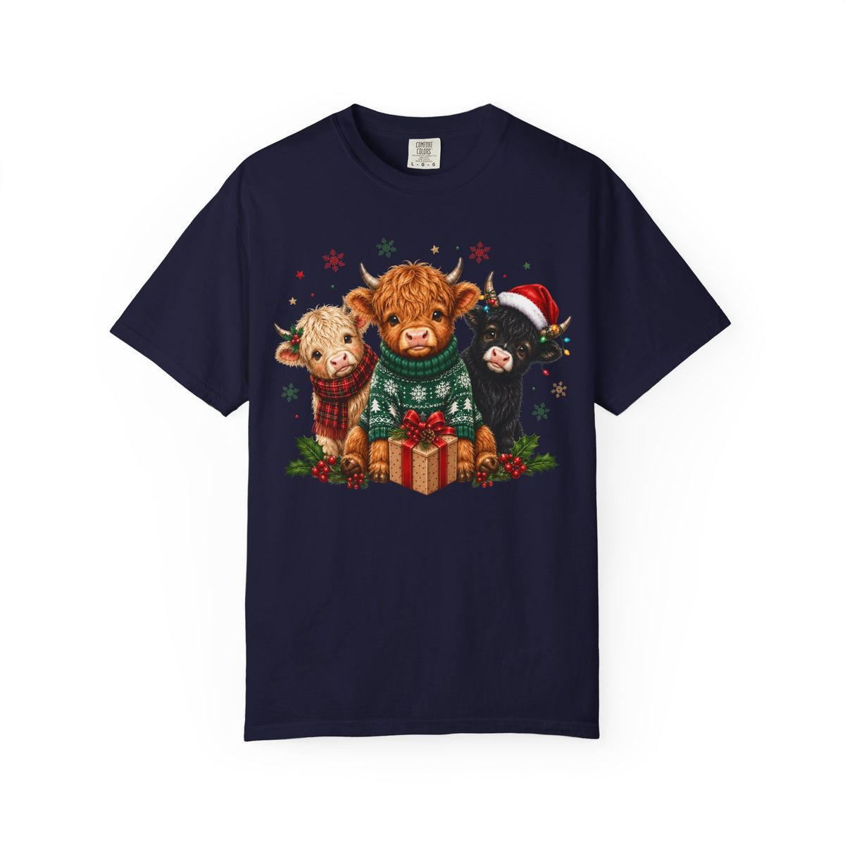 Christmas Highland Cattle Trio T-Shirt — Cute Cow Holiday Tee