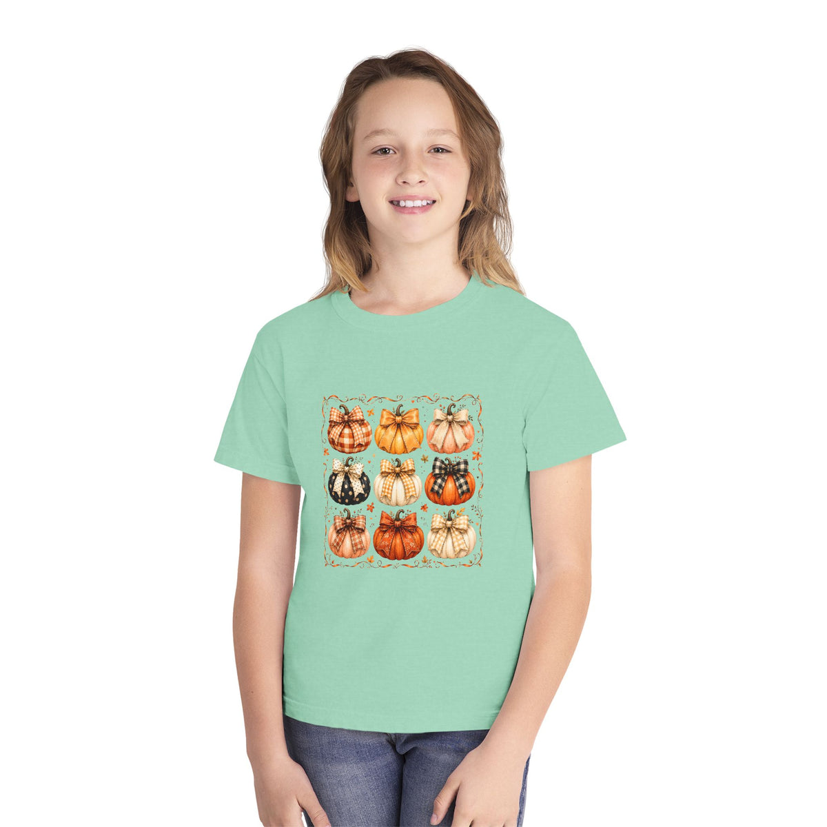 Youth Tee — Vintage Patchwork Pumpkins Fall Graphic