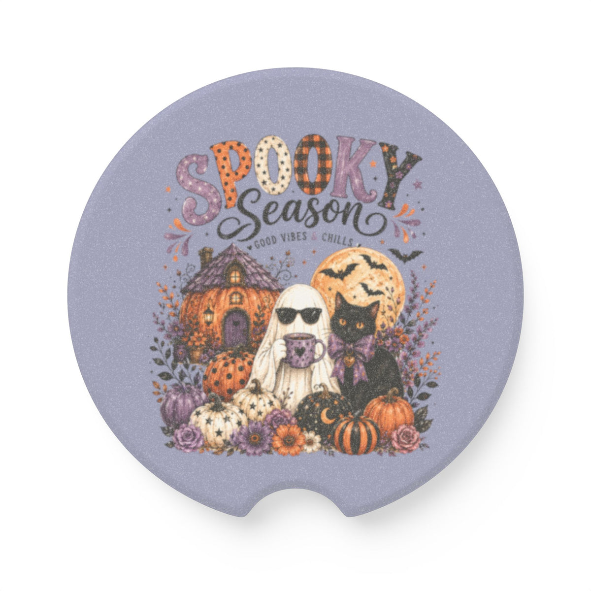 Spooky Season Soapstone Car Coaster — Halloween Cat & Ghost Pumpkin Design