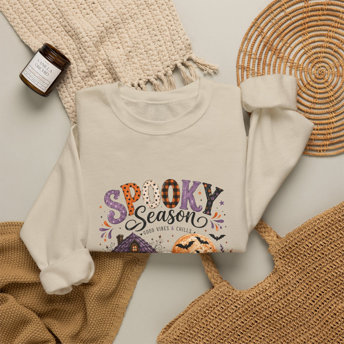 Spooky Season Crewneck Sweatshirt — Ghosts & Pumpkins Halloween Pullover