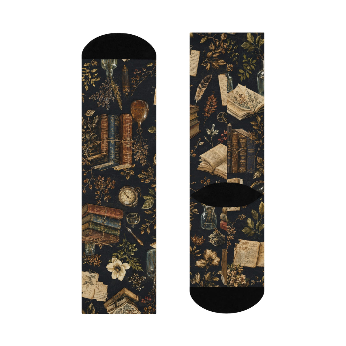 Bookish Vintage Crew Socks — Cozy Literary Floral & Stacked Books Design