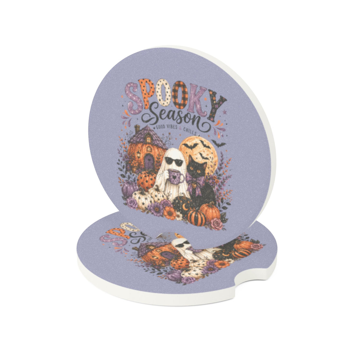 Spooky Season Soapstone Car Coaster — Halloween Cat & Ghost Pumpkin Design