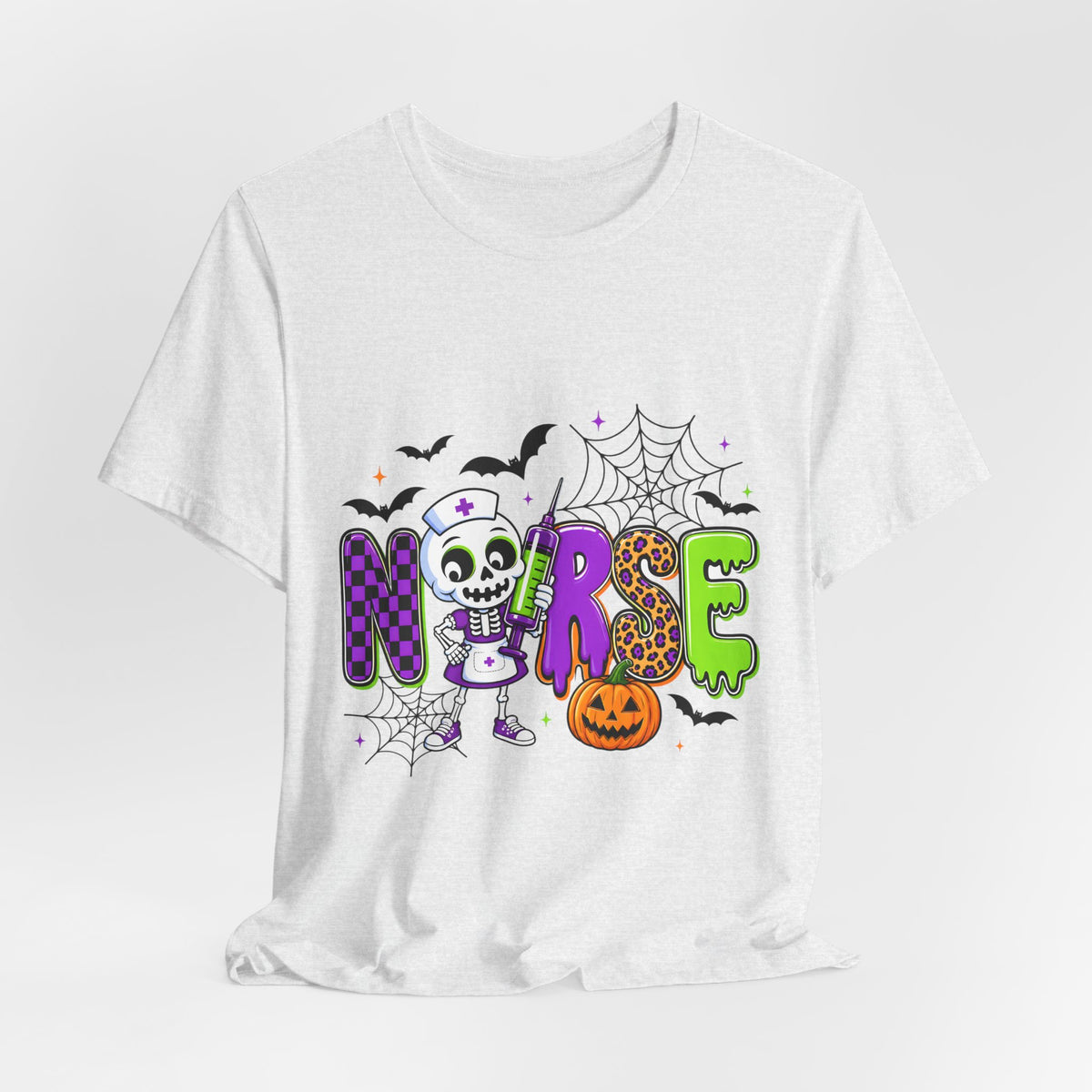 Halloween Nurse T-Shirt — Cute Skeleton, Pumpkin & Spiderweb Nurse Tee