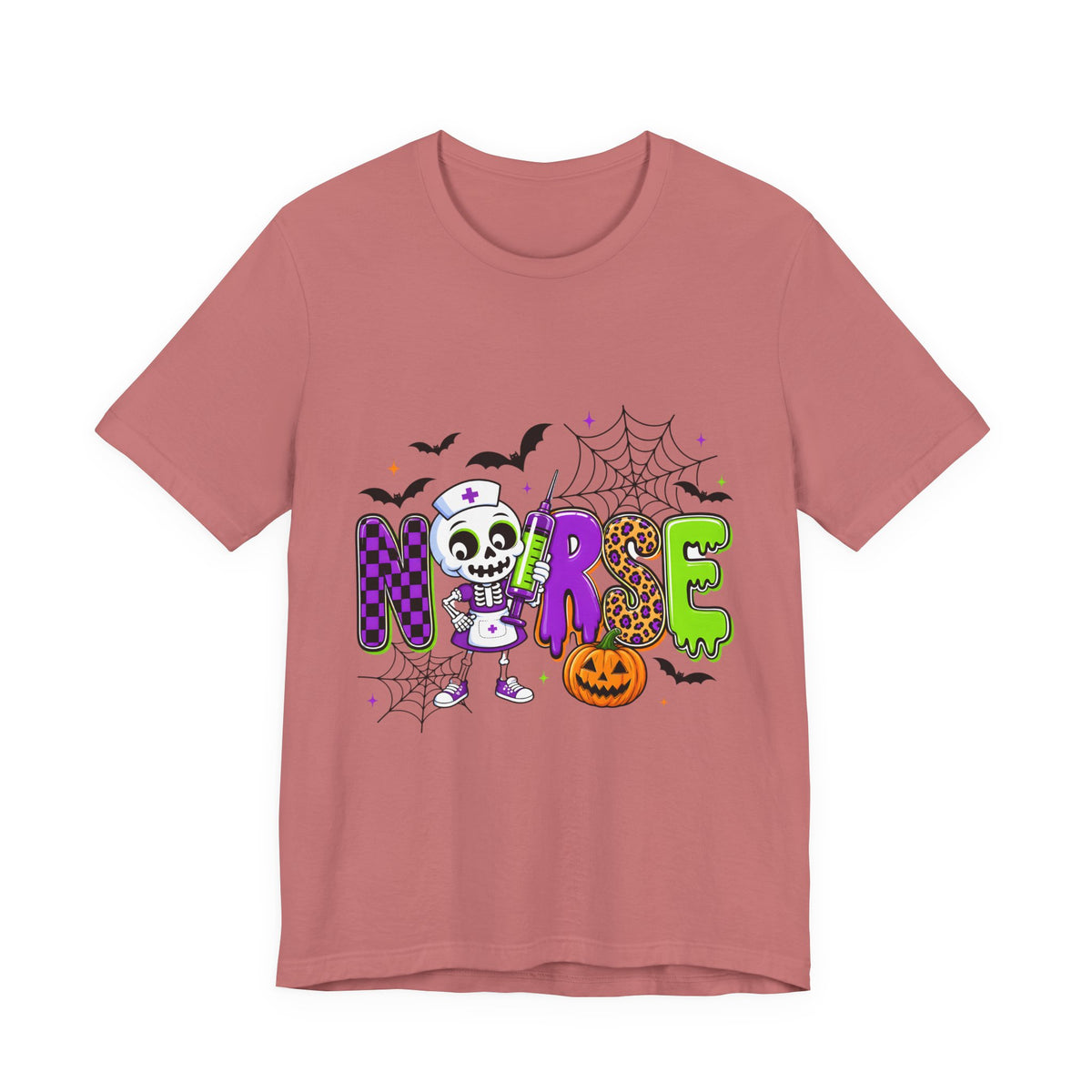 Halloween Nurse T-Shirt — Cute Skeleton, Pumpkin & Spiderweb Nurse Tee