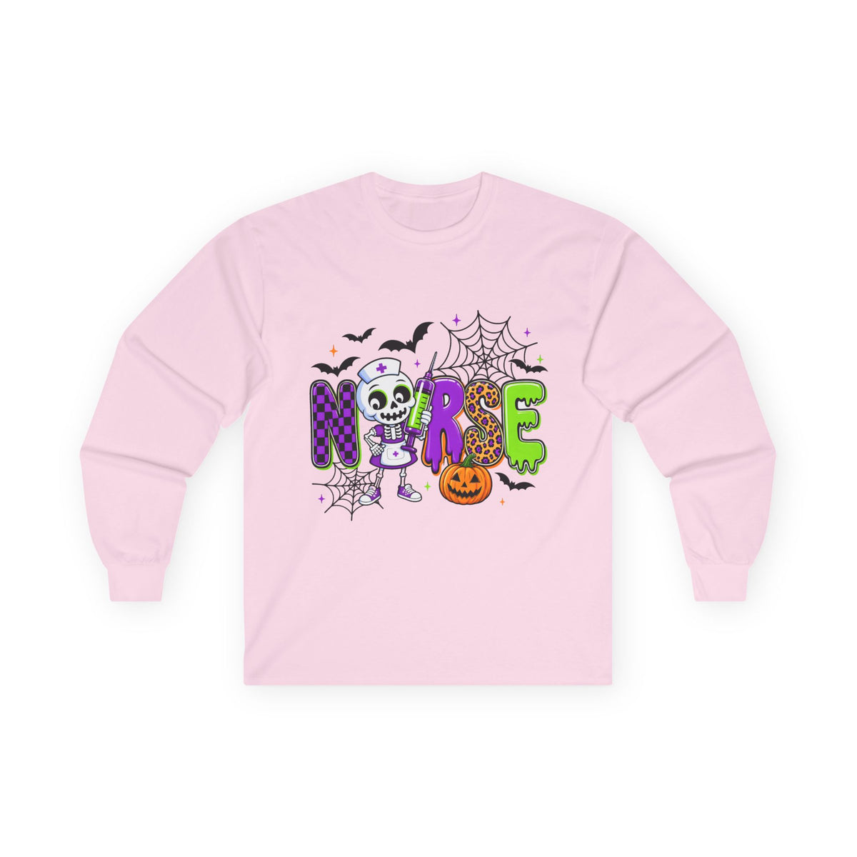Nurse Halloween Long Sleeve Tee — Cute Spooky Skeleton, Pumpkin & Spiderweb Graphic