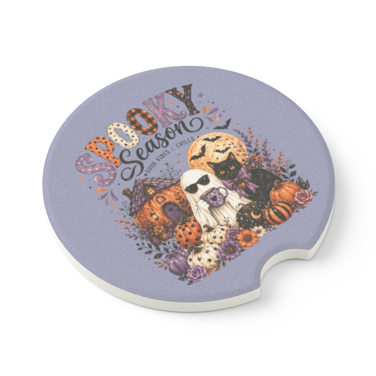 Spooky Season Soapstone Car Coaster — Halloween Cat & Ghost Pumpkin Design