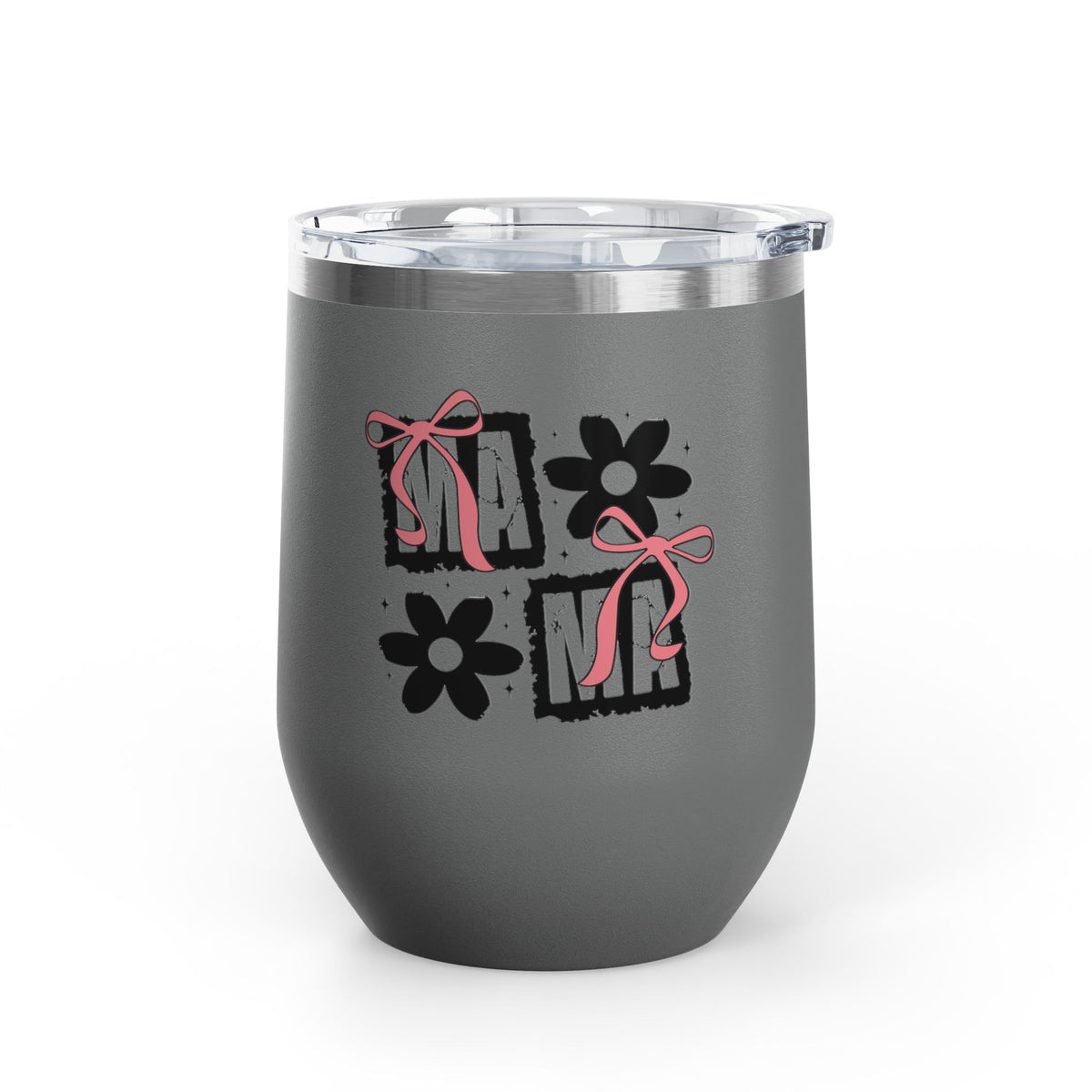 Wine Tumbler — Mom Floral Blocks with Pink Bows, 12 oz Insulated