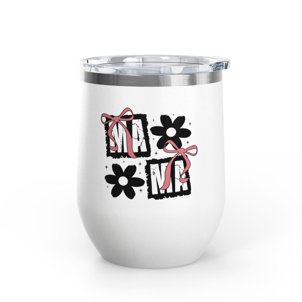 Wine Tumbler — Mom Floral Blocks with Pink Bows, 12 oz Insulated