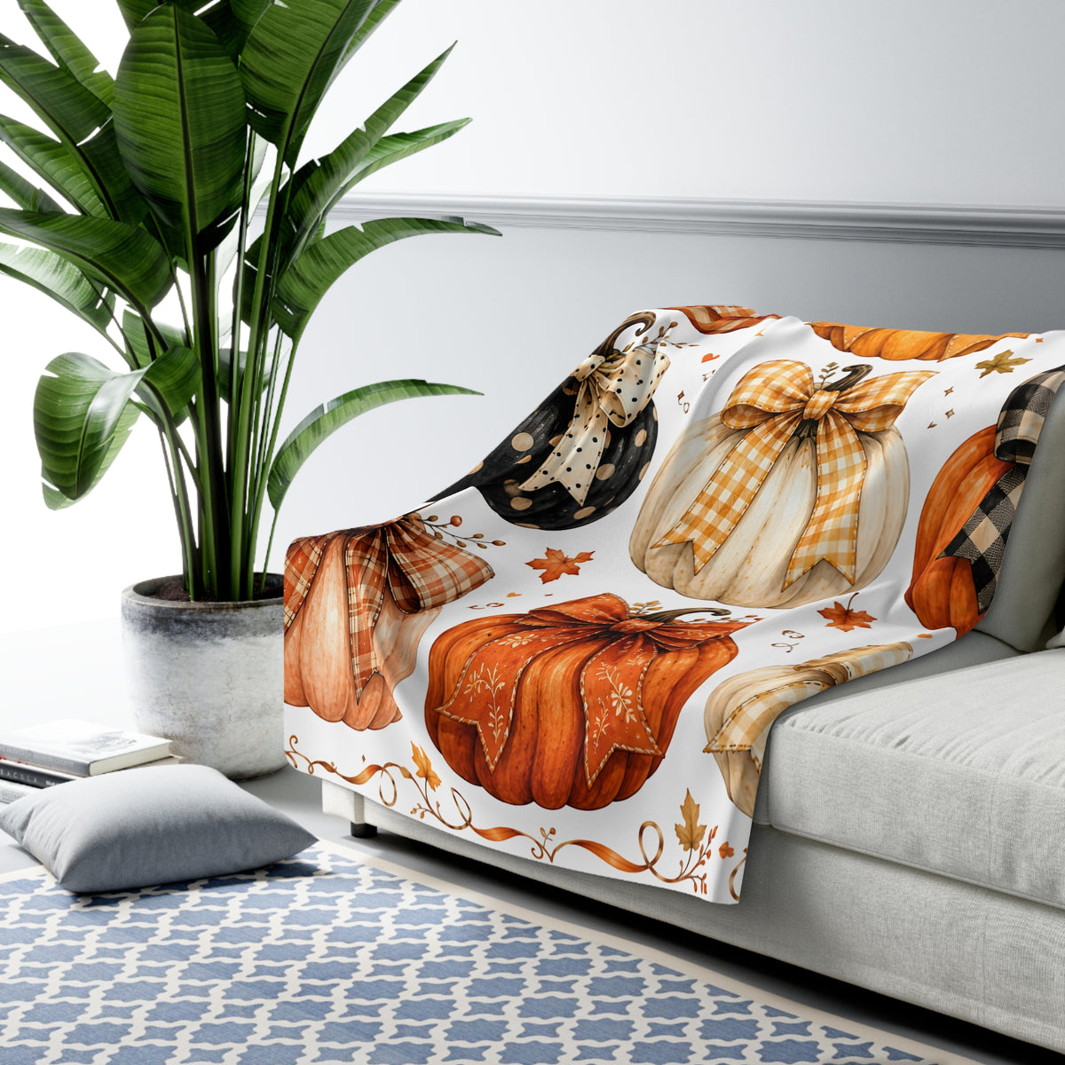 Autumn Pumpkin Sherpa Blanket — Cozy Fall Throw with Plaid & Bow Pumpkins