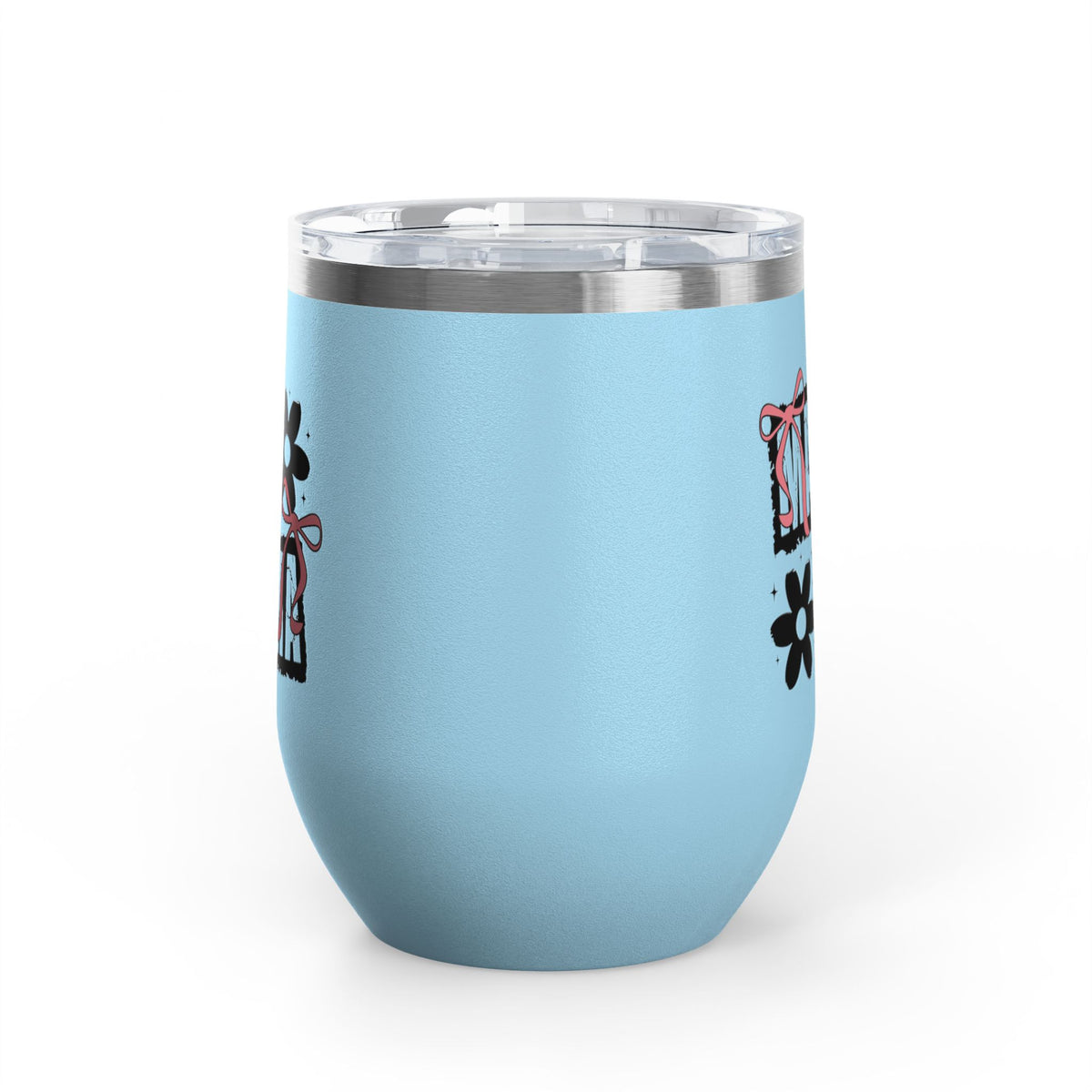 Wine Tumbler — Mom Floral Blocks with Pink Bows, 12 oz Insulated