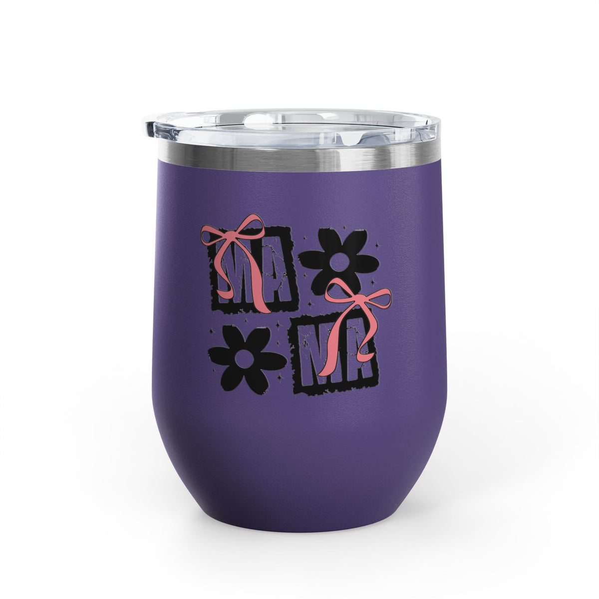 Wine Tumbler — Mom Floral Blocks with Pink Bows, 12 oz Insulated