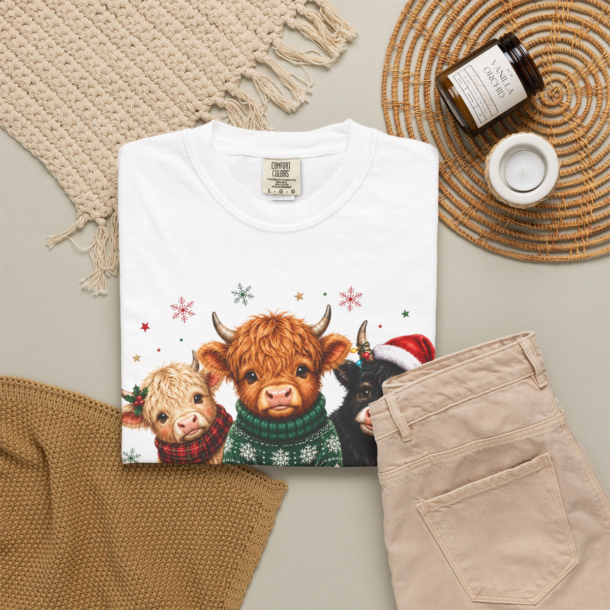 Christmas Highland Cattle Trio T-Shirt — Cute Cow Holiday Tee