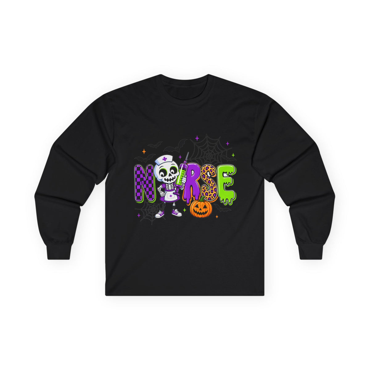 Nurse Halloween Long Sleeve Tee — Cute Spooky Skeleton, Pumpkin & Spiderweb Graphic