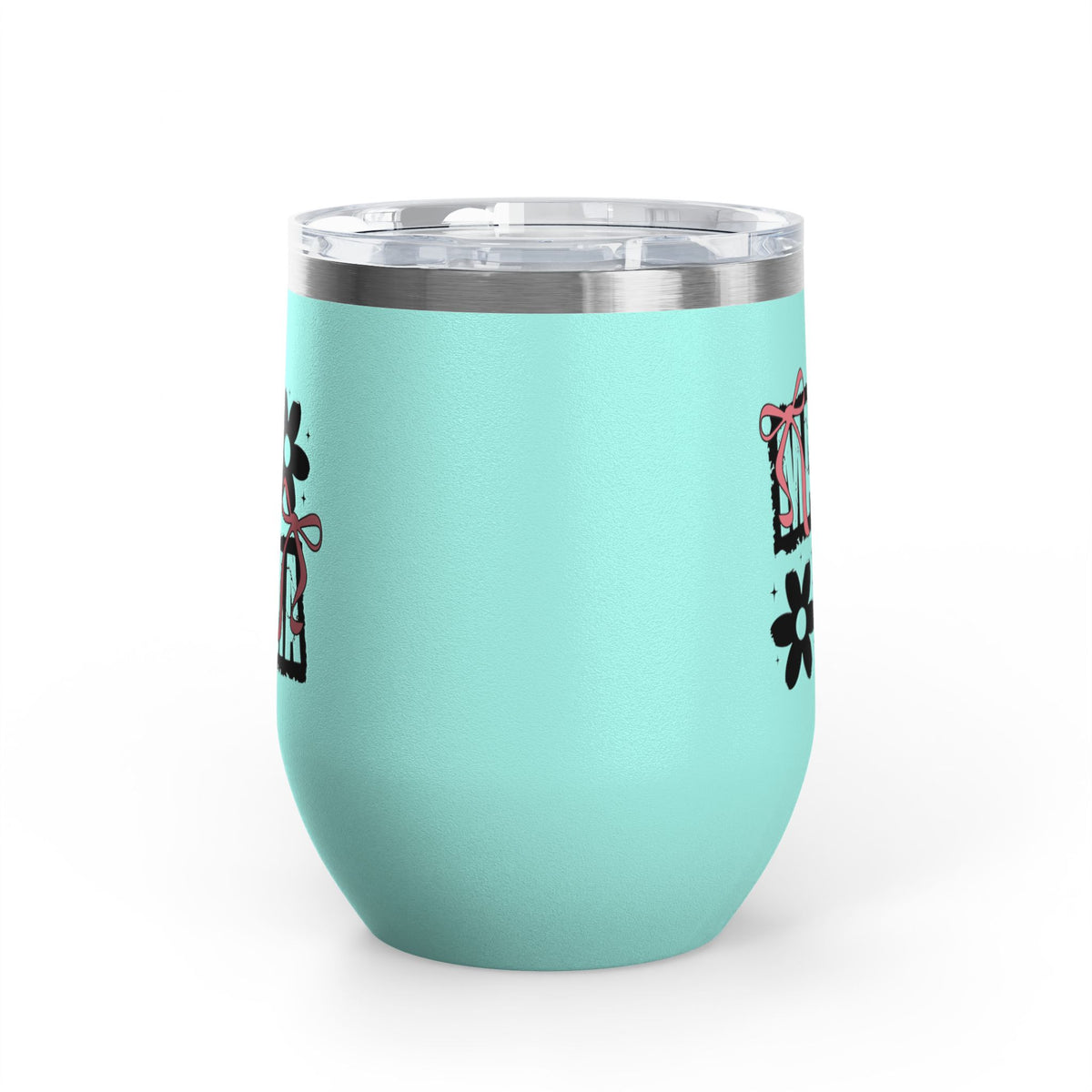 Wine Tumbler — Mom Floral Blocks with Pink Bows, 12 oz Insulated