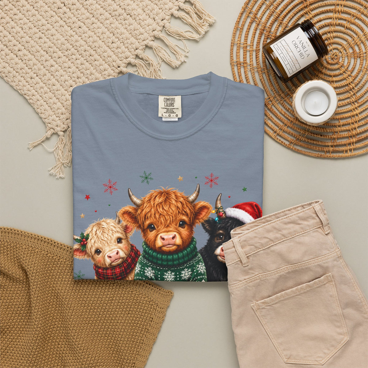 Christmas Highland Cattle Trio T-Shirt — Cute Cow Holiday Tee
