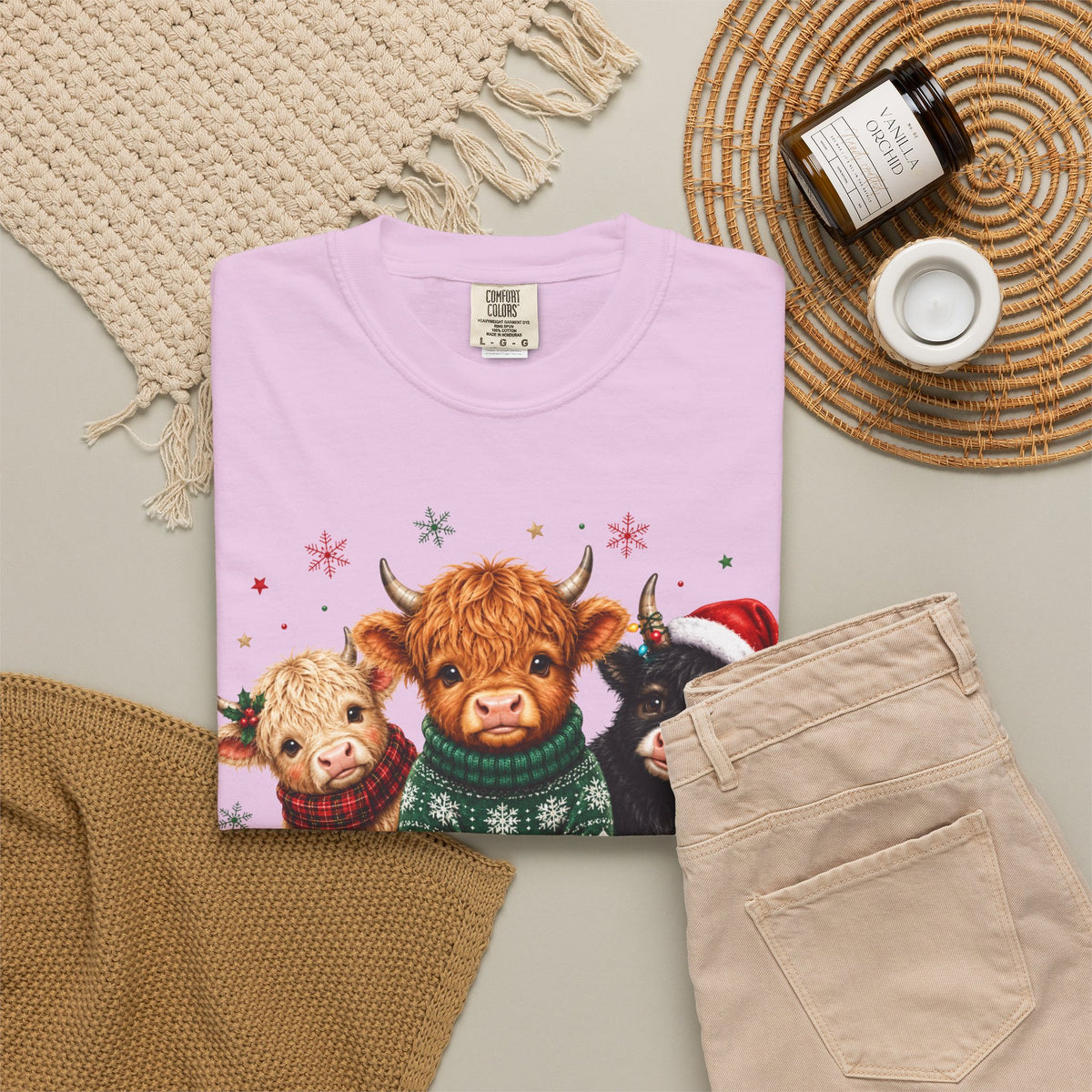 Christmas Highland Cattle Trio T-Shirt — Cute Cow Holiday Tee
