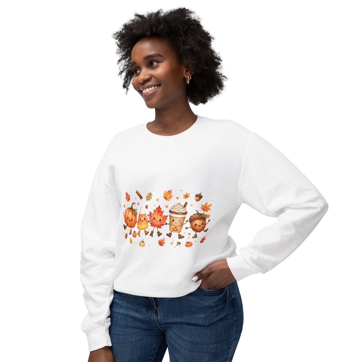 Autumn Friends Crewneck Sweatshirt — Cute Pumpkin, Leaf & Latte Fall Design
