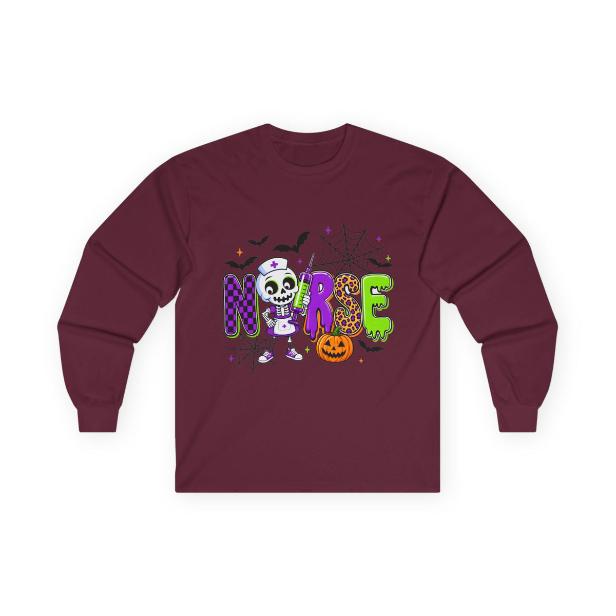 Nurse Halloween Long Sleeve Tee — Cute Spooky Skeleton, Pumpkin & Spiderweb Graphic