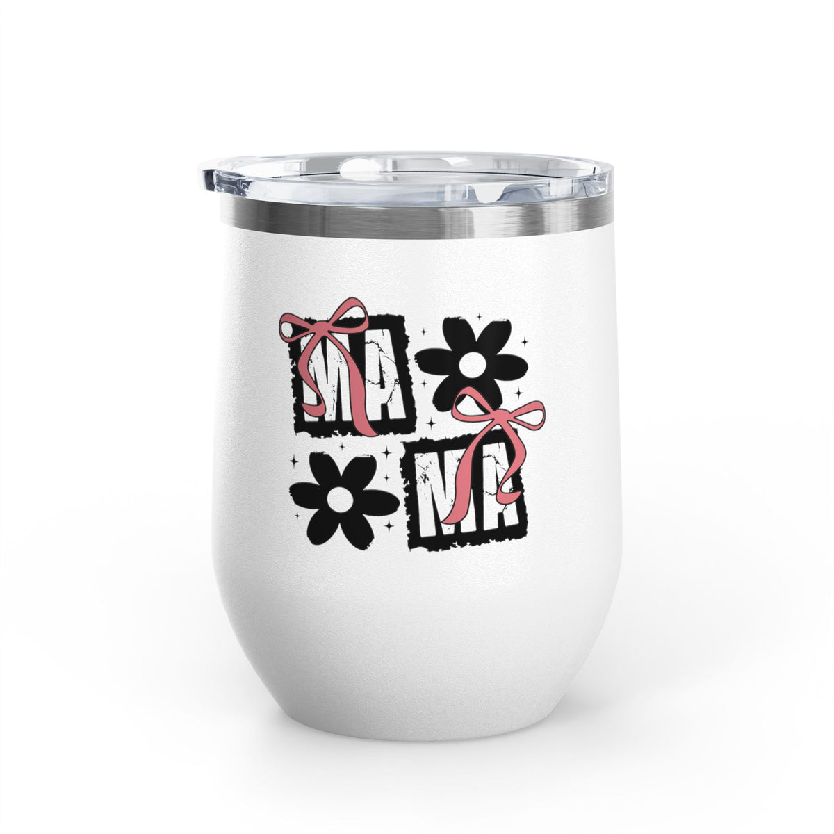 Wine Tumbler — Mom Floral Blocks with Pink Bows, 12 oz Insulated