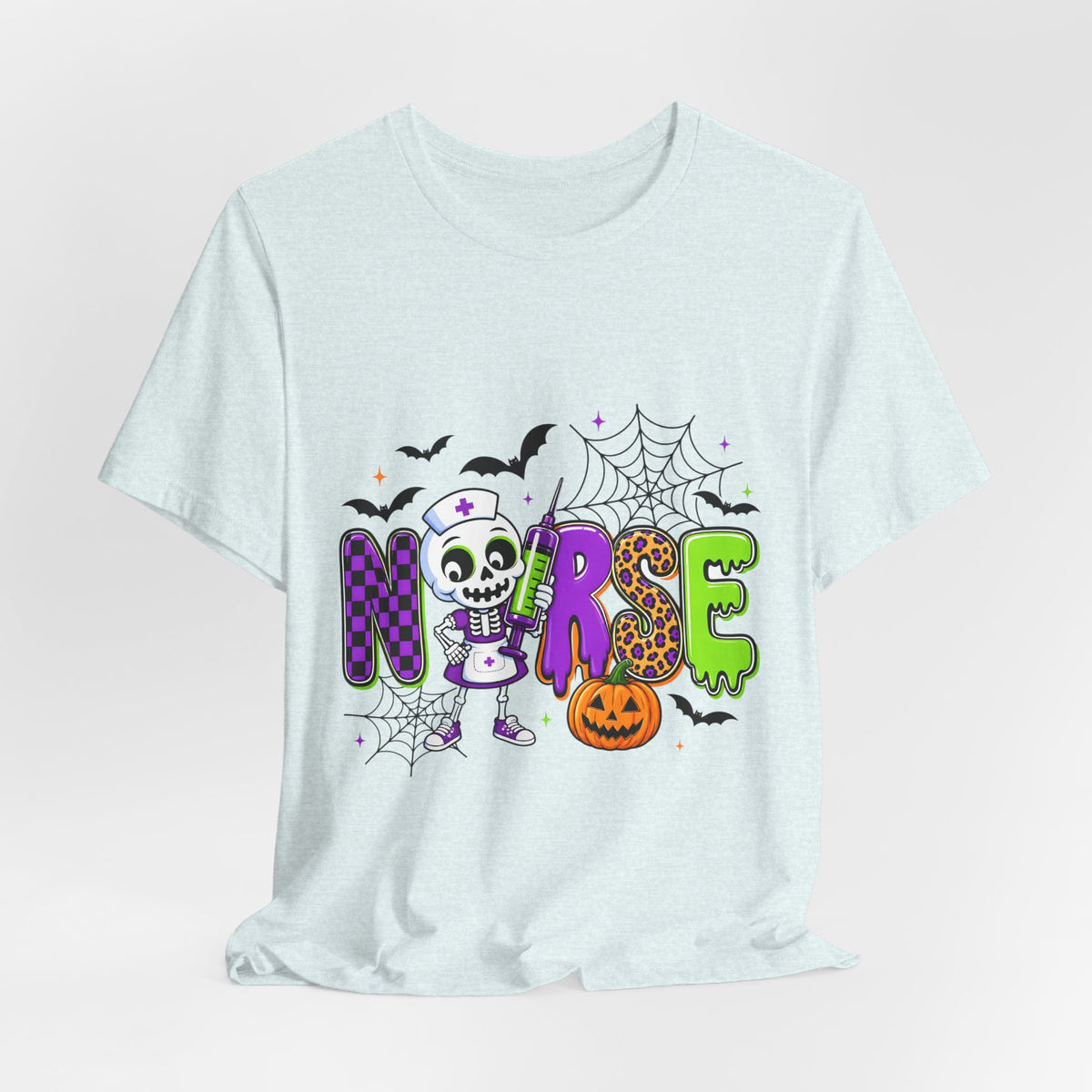 Halloween Nurse T-Shirt — Cute Skeleton, Pumpkin & Spiderweb Nurse Tee
