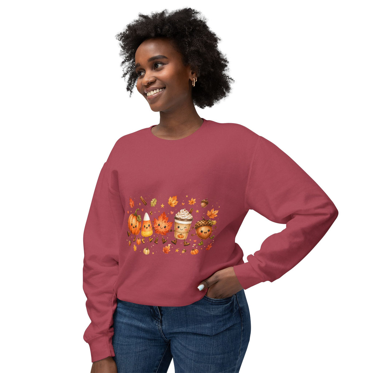 Autumn Friends Crewneck Sweatshirt — Cute Pumpkin, Leaf & Latte Fall Design