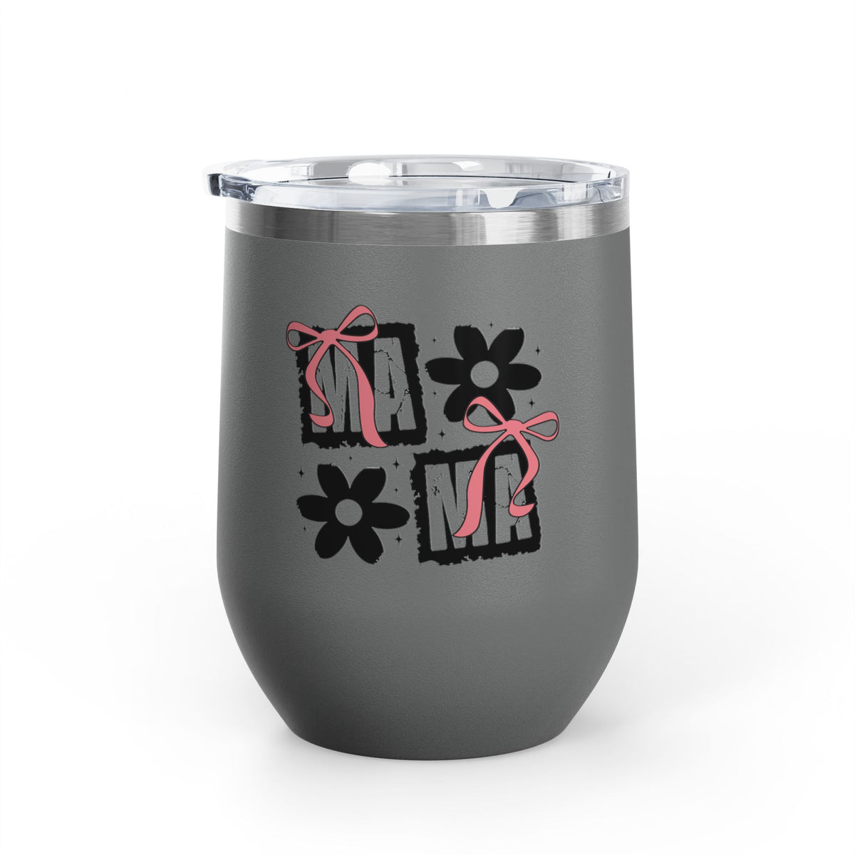 Wine Tumbler — Mom Floral Blocks with Pink Bows, 12 oz Insulated