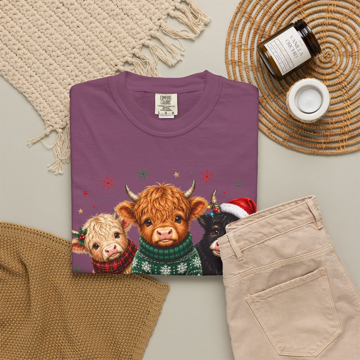 Christmas Highland Cattle Trio T-Shirt — Cute Cow Holiday Tee