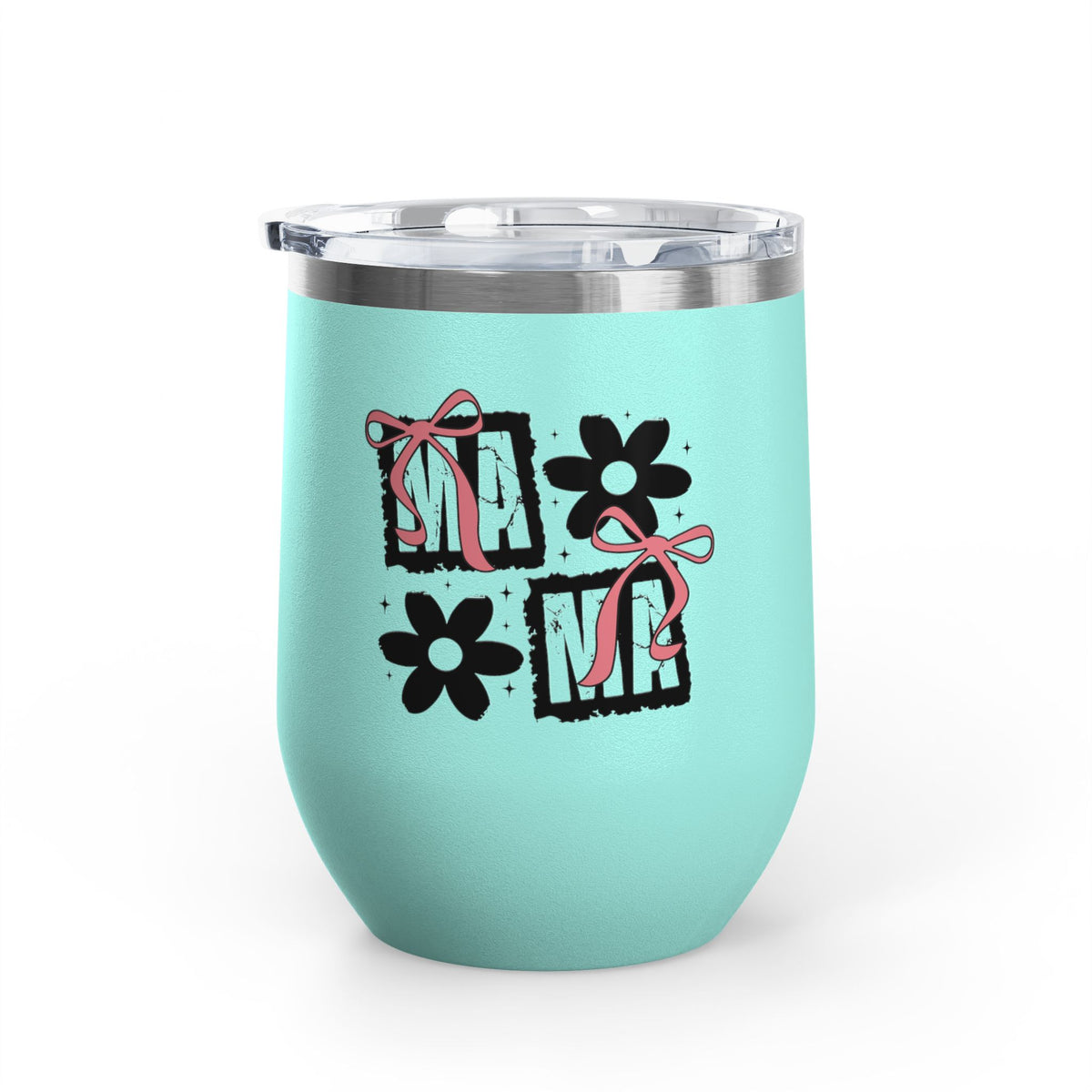 Wine Tumbler — Mom Floral Blocks with Pink Bows, 12 oz Insulated