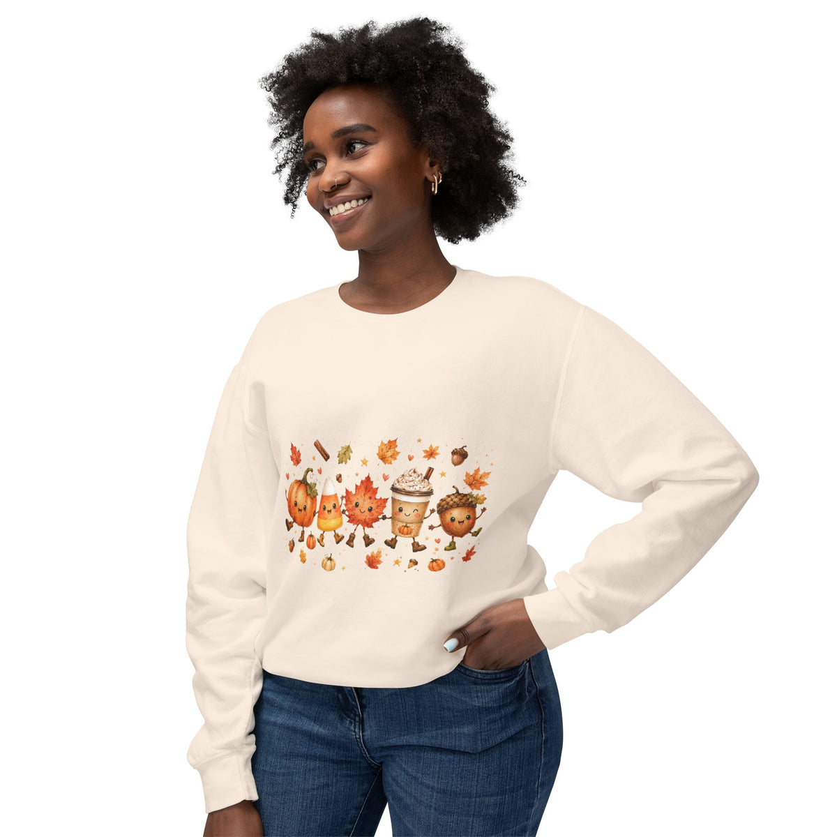Autumn Friends Crewneck Sweatshirt — Cute Pumpkin, Leaf & Latte Fall Design