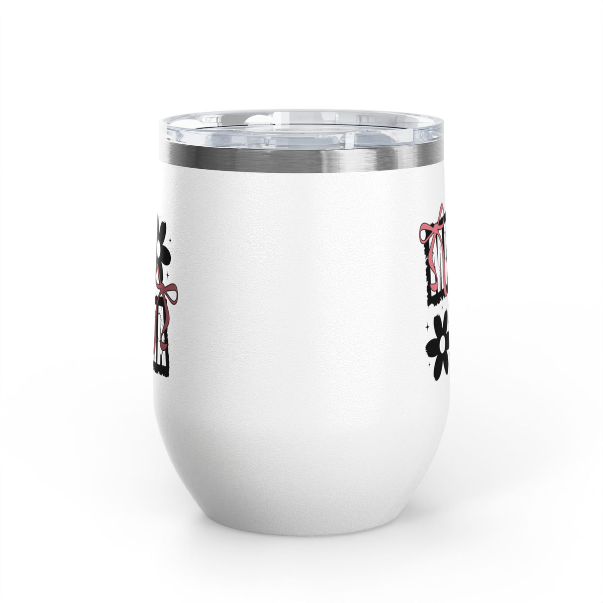 Wine Tumbler — Mom Floral Blocks with Pink Bows, 12 oz Insulated
