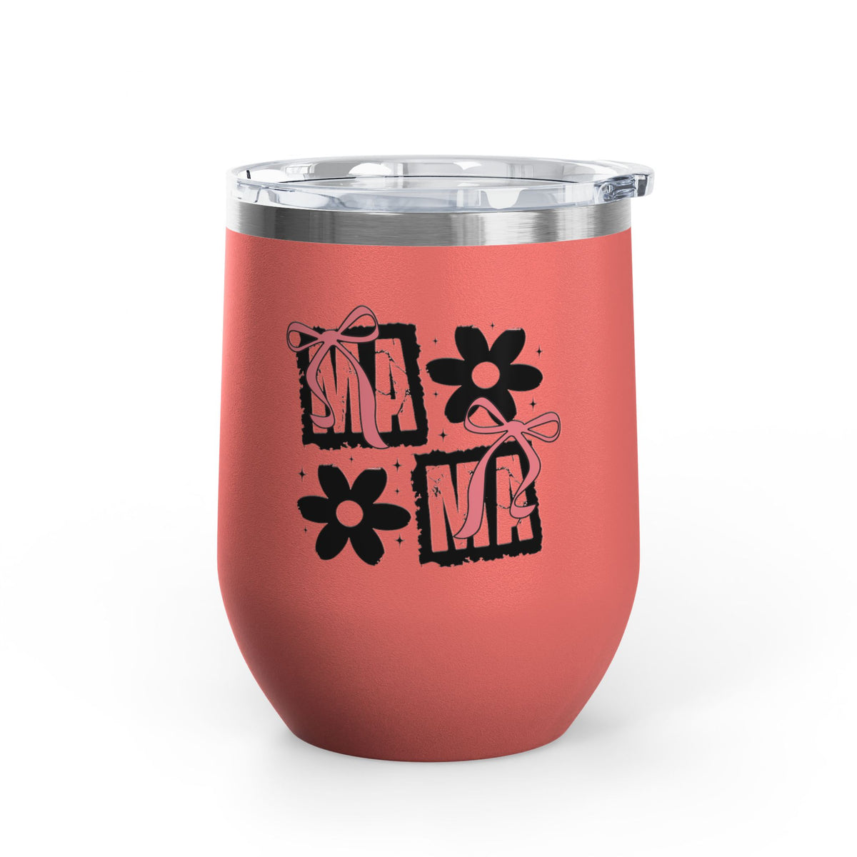 Wine Tumbler — Mom Floral Blocks with Pink Bows, 12 oz Insulated